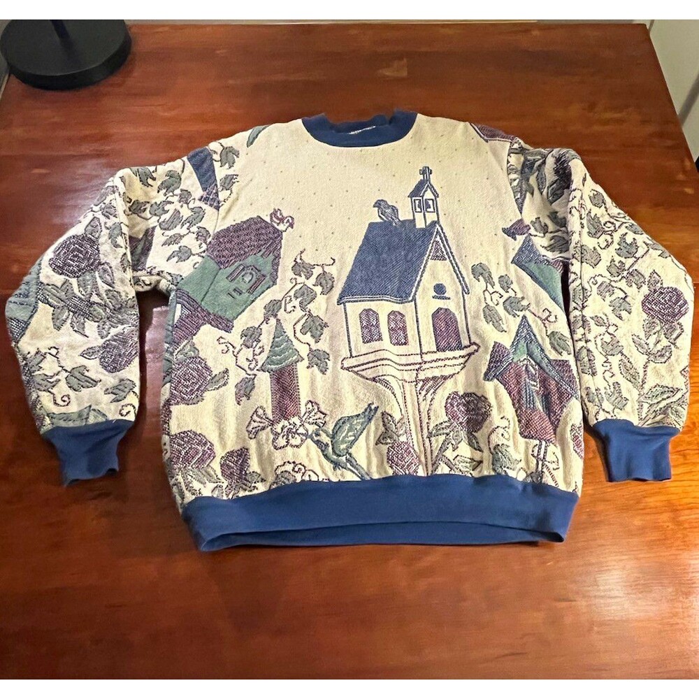 VTG Sugar Street Weavers Tapestry Knit Scenic Birdhouse Crew Neck Sweater O/S